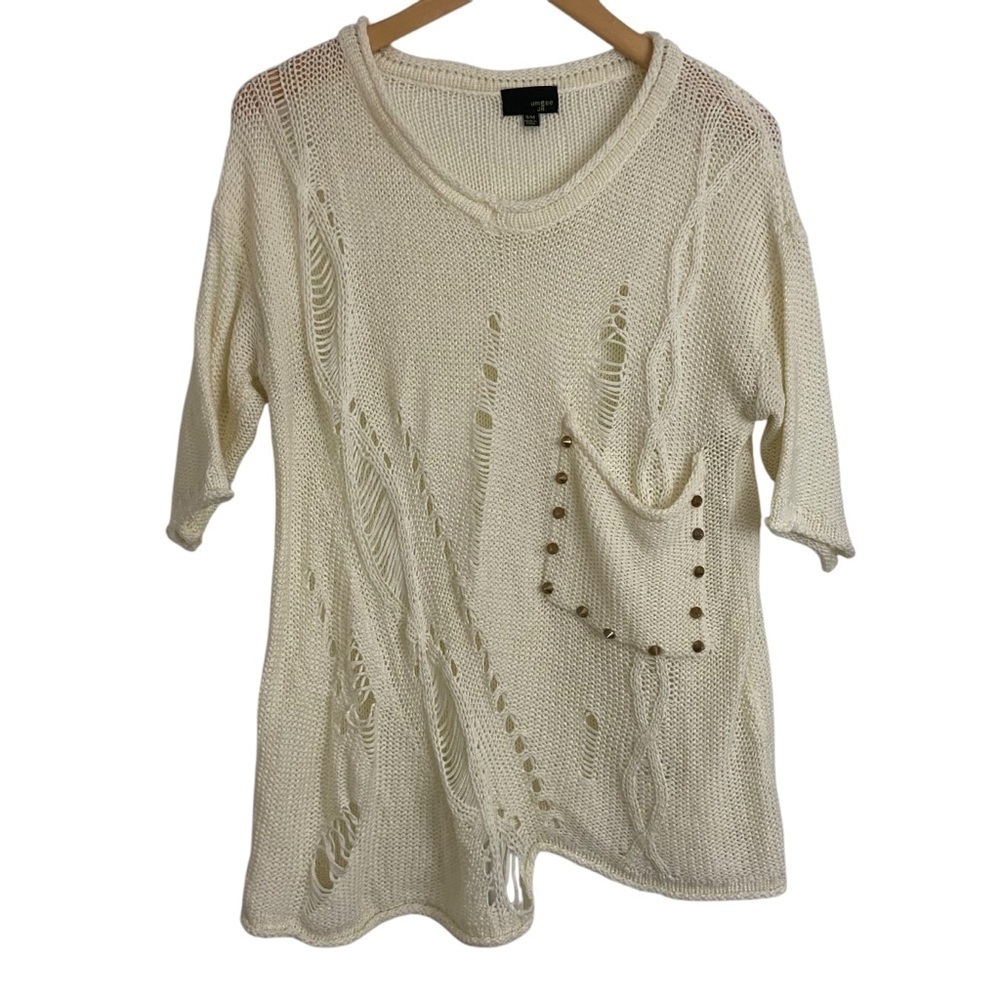 Umgee Jr. Oversized Distressed Ripped Sweater Studded Detail Cream Knit Sz S/M